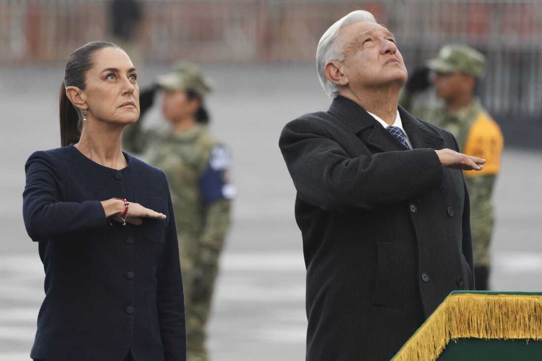 Mexico's President-elect Claudia Sheinbaum and outgoing President Andrés Manuel López Obrador attend an anniversary ceremony honoring victims of the 1985 and 2017 earthquakes, at the Zocalo in Mexico City.