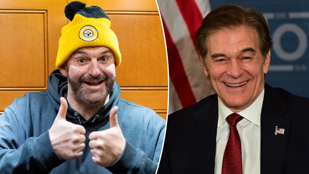 John Fetterman wearing a Steelers hat, left; Dr. Mehmet Oz, right