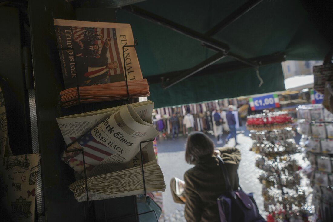 A picture of copies of international newspapers that published the news of US President-elect Donald Trump's victory in the elections in central Rome on Thursday.